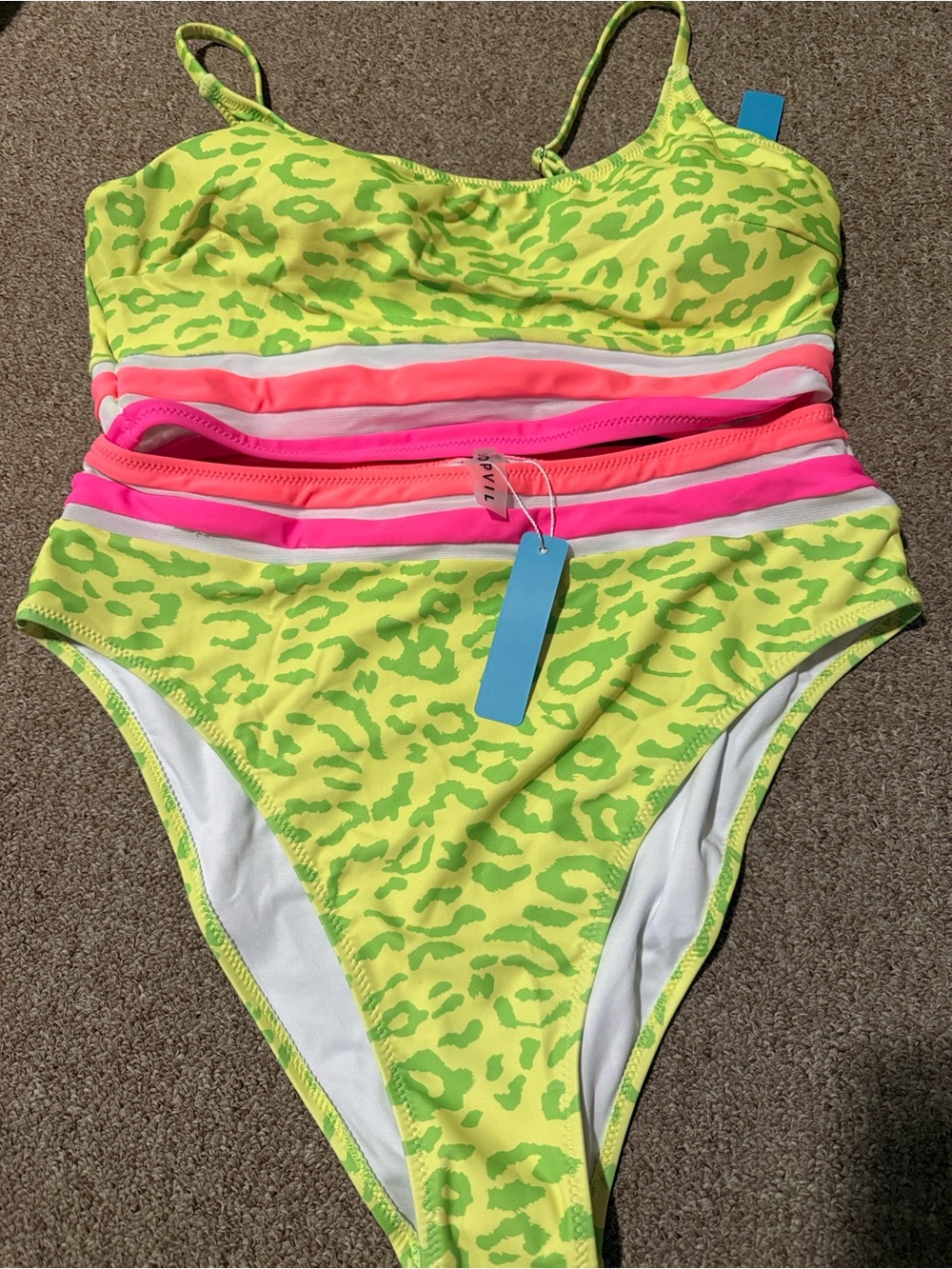 Neon Lime Animal-Print Bikini with Pink Stripe Accents - Picture 5 of 5